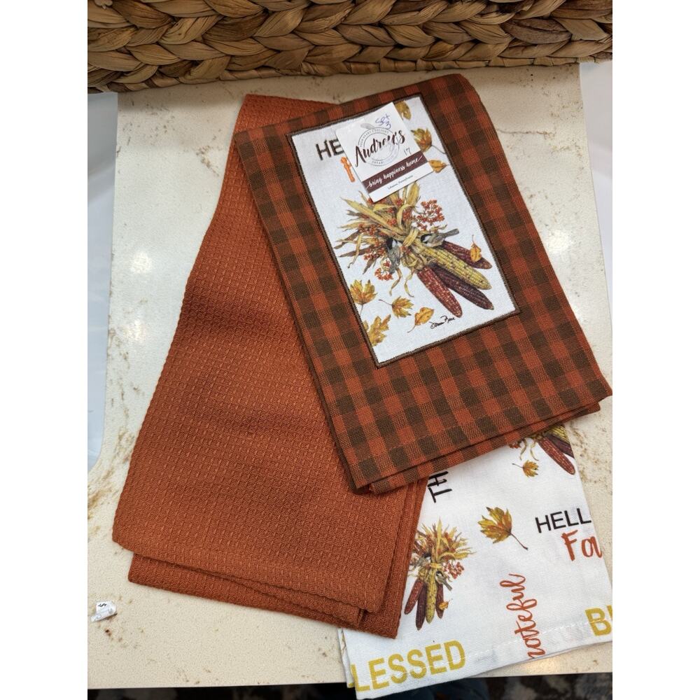 Audrey’s Your Hearts Delight Set Of 3 Tea Towels Set Orange Fall Theme New